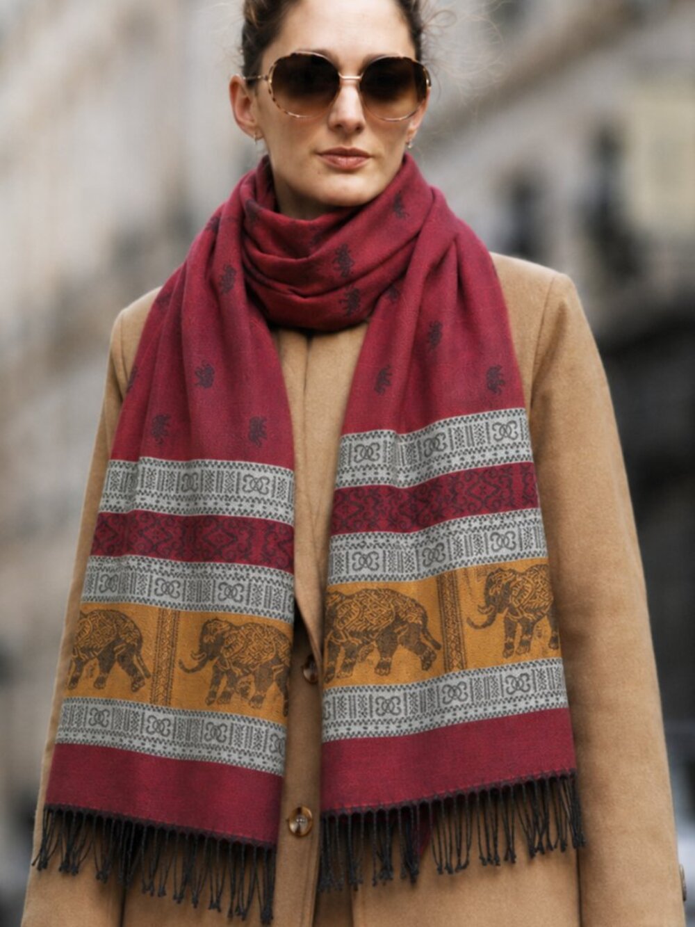 Ethnic Burgundy Elephant Print Cashmere Pashmina Shawl Scarf